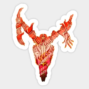 Creepy Metalic Deer Skull made of many hands (Red and Gold) Sticker